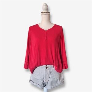 Avenue Womens Pink Lace 3/4 Sleeve Tunic Top Flowy Ribbed Knit V Neck Size 18/20